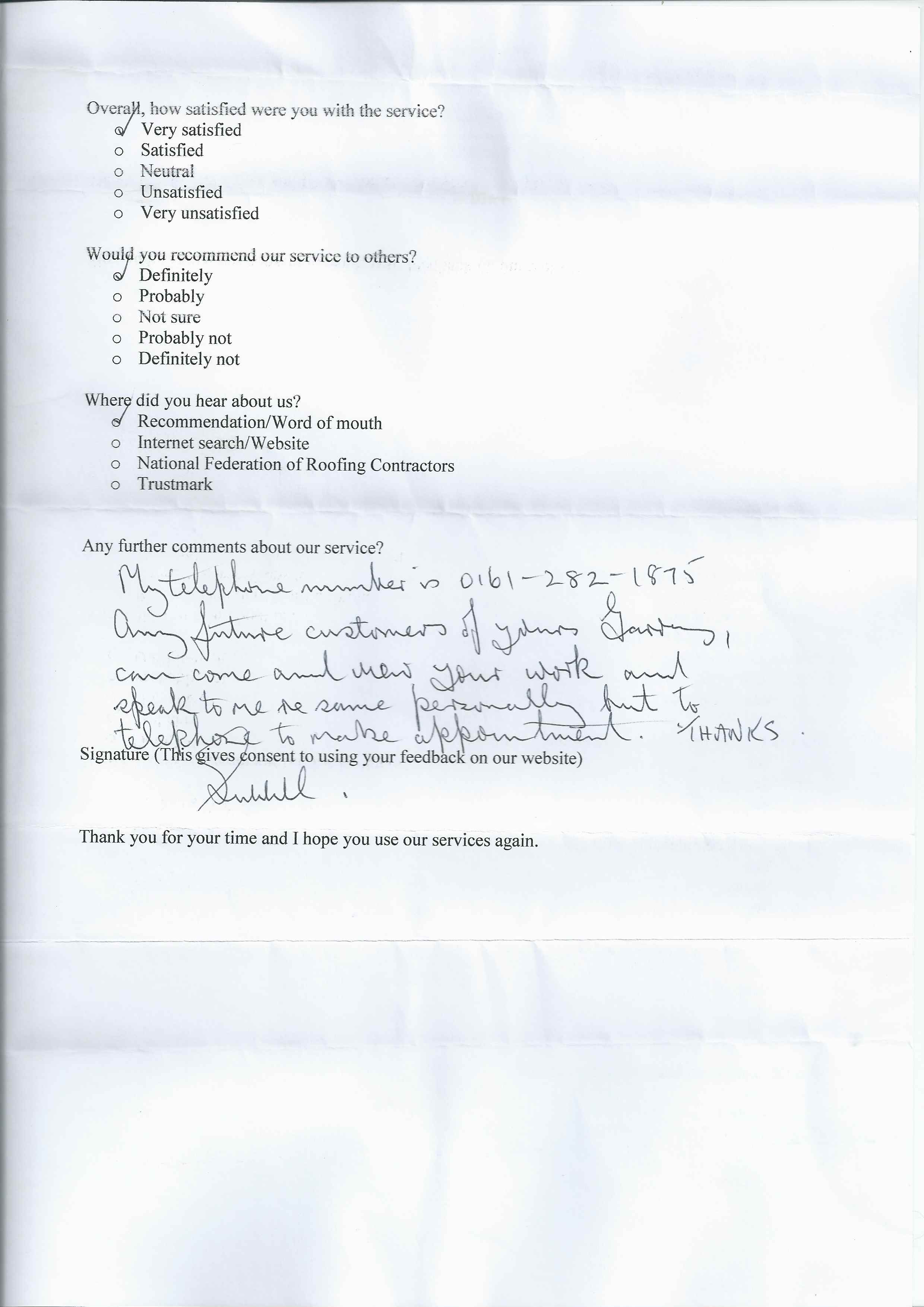 testimonial, Re-Roofing, Lead Work, Chimney Stacks, Plastics, Repairs and Maintenance, Stockport, Cheshire, High Peak, G Timlin Roofing